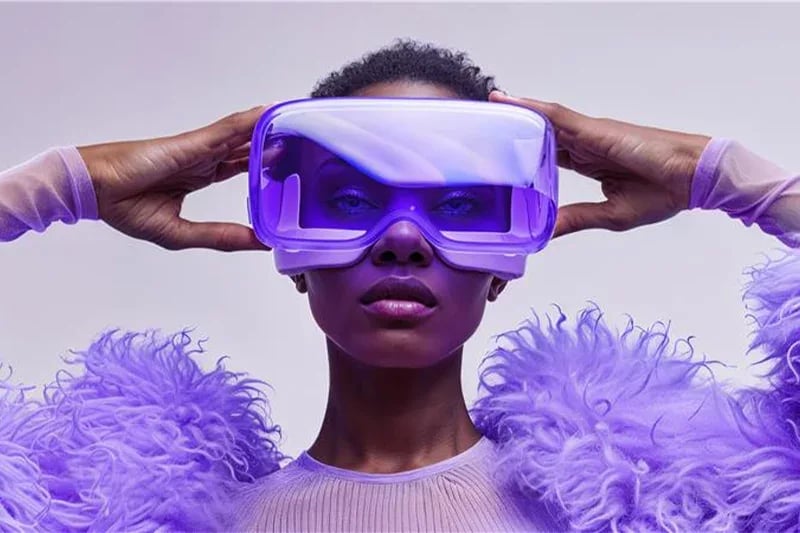 Close-up of a woman wearing futuristic purple augmented reality goggles, with her hands on the frame, dressed in a textured purple outfit against a light background.