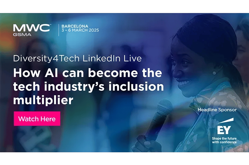 A smiling Black woman holding a microphone speaks at a technology conference event. The image promotes a Diversity4Tech LinkedIn Live session titled 'How AI can become the tech industry’s inclusion multiplier' at MWC Barcelona 2025. A 'Watch Here' call-to-action button is visible. The event is sponsored by EY, with their tagline 'Shape the future with confidence' displayed.